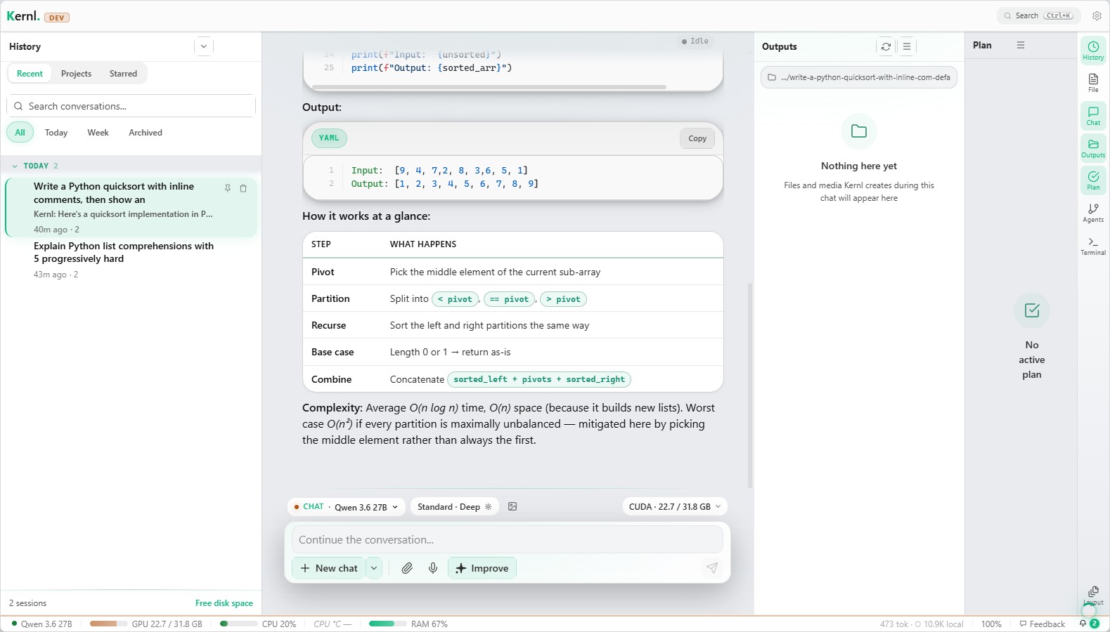 The Kernl app: a chat answering a Python question with a step-by-step table, generated by a Qwen 27B model running on the machine's own GPU, with conversation history on the left and panes on the right where files and media Kernl makes are collected