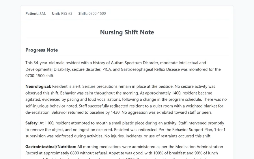 Shift shorthand into a nursing note preview